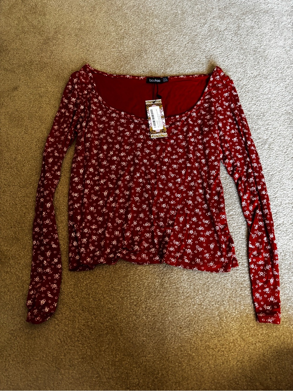 Boohoo Red Floral Scoop Neck Long Sleeve Top